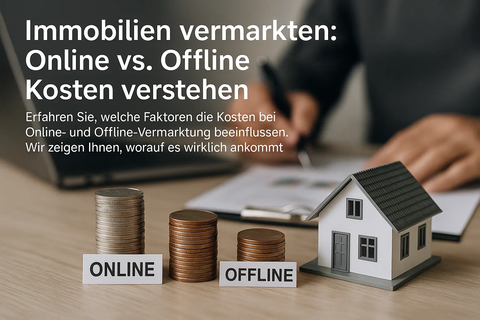 Slug: online-offline-vermarktung-kosten-wert

Meta Title: Immobilien vermarkten: Online vs. Offline Kosten verstehen

Meta Description: Erfahren Sie, welche Faktoren die Kosten bei Online- und Offline-Vermarktung beeinflussen. Wir zeigen Ihnen, worauf es wirklich ankommt. Jetzt informieren!

fotorealistisch professionell und dezent bitte, zudem themen passend!